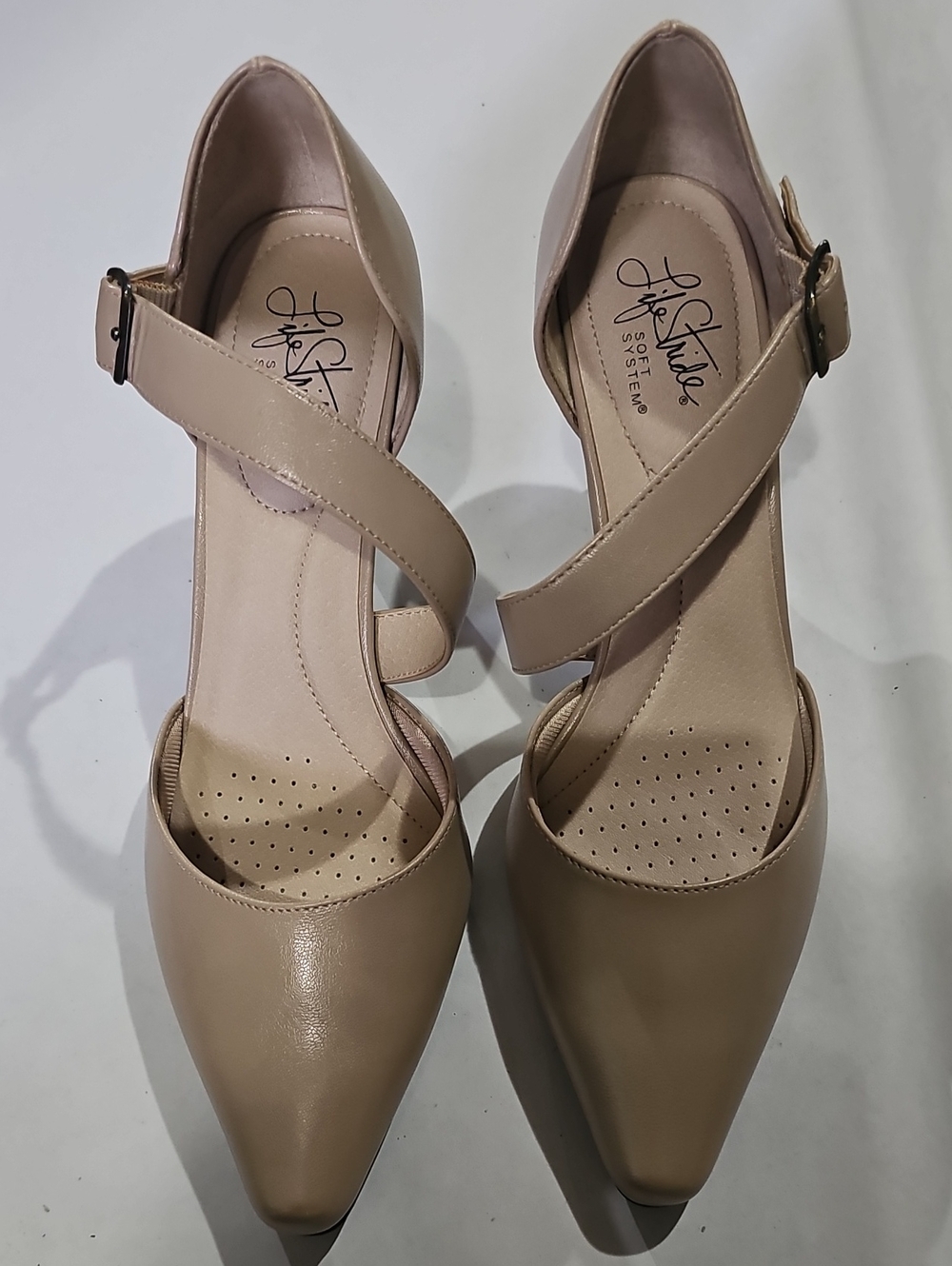 Life Stride Taupe Pointed-Toe Cross Strap Pumps